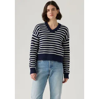 Strickpullover LEVI'S "REESE VNECK SWEAT", Damen, Gr. XS (34), blau (parisienne stripe pe), Strick, Obermaterial: 60% Baumwolle, 40% Polyacryl, gestreift, figurumspielend taillenbedeckt, V-Ausschnitt, Pullover Strickpullover, mit V-Ausschnitt