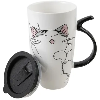 lachineuse - Funny Cat Tasse 600 ml - Große XXL Weiße Porzellantasse - Japanische Tee- & Kaffeetasse - Mit isoliertem Deckel - Kawaii Glückskatze Becher - Japan Asien Geschenkidee Tasse - Riesentasse