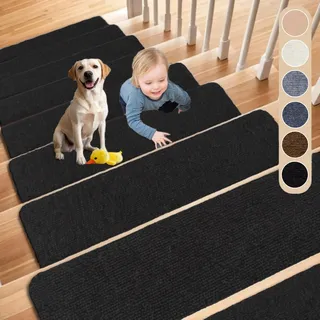 Cnwinu 15 Stück Treppenstufen Matten, Stufenmatten Selbstklebend Antirutsch Treppe Stufenmatten Innen, 60×20cm Treppenteppich, Teppich rutschfest für Kinder, Älteste und Haustiere (Schwarz)