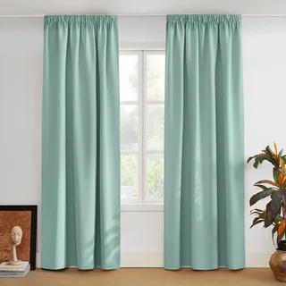 PONY DANCE Blickdichte Vorhänge Kinderzimmer Gardinen mit Kräuselband für Schienensystem Übergardinen Wohnzimmer 2er Set H 245 x B 140 cm Thermogardinen Hitzeschutz, Sommergrün