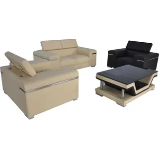 Leder Modern XXL Couch Wohnlandschaft Ledersofa Sofa Garnitur 2+1+1 + Tisch Neu - Beige