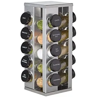 Kamenstein Heritage Gewürzregal mit 20 Gläsern, drehbar, mit Gewürzen im Lieferumfang enthalten, inklusive Gewürz-Nachfüllungen für 5 Jahre, gebürsteter Edelstahl mit schwarzen Kappen