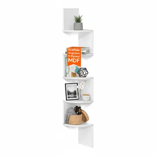 Avilia Eckregal, weiß, 5 Ebenen, 6 kg Fassungsvermögen – platzsparendes Eck-Bücherregal für die Wand, Eckregal für Küche, Bad und Schlafzimmer, einfache Montage