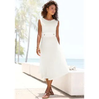 Midikleid LASCANA "mit dekorativen Riegeln und goldenen Zierknöpfen, bügelfreie Qualität", Damen, Gr. 44, N-Gr, weiß, Jersey, Obermaterial: 95% Polyester, 5% Elasthan, unifarben, figurumspielend kniebedeckend, Rundhals, Kleider Midikleid, Elegantes Sommerkleid, Trägerkleid, Partykleid, festlich, Topseller