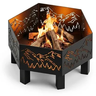 MetaloPro Hexa Gipfel Feuerschale sechseckig – Feuerstelle Garten 70 cm, 3 mm Stahl geschweißt, Lasercut Bergkamm-Motiv, schwarz pulverbeschichtet, EU-Herstellung