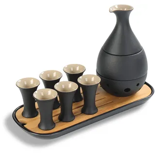 TEANAGOO Japanisches Traditionell, Sake Karaffe (170 ml) mit 6 Sake Becher (25 ml) für heißen oder kalten japanischen Soju-Likör mit Servier-Bambus-Tablett Geschenksets 10Stk/Set....
