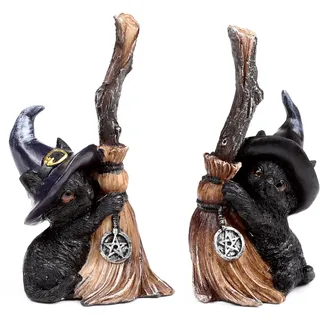 Puckator Figur aus Kunstharz, Schwarze Katze mit Hexenhut und Zauberbesen, handbemalt, extravagante und besondere Heimdekoration