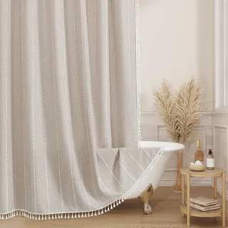 MitoVilla, Boho-Duschvorhang aus dickem Stoff, moderner Landhausstil, aus Baumwoll-Leinen, Vintage, ländliche Badezimmerdekoration, Landhausstil, Quaste, wasserdicht, 183 x 183 cm, Taupe