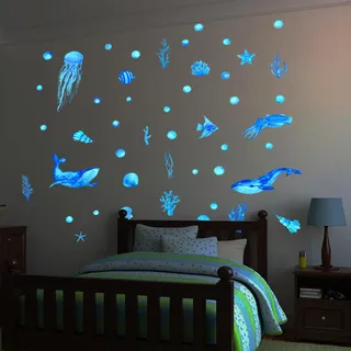 Wandsticker Leuchtaufkleber Wandtattoo Leuchtend Ozean Meerestiere Fluoreszierend Wandaufkleber, Ozean Aufkleber Unterwasserwelt Meereswelt Leuchtaufkleber Für Kinderzimmer Dekorative Blau