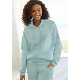 Kapuzensweatshirt LASCANA, Damen, Gr. 40/42, grün (mint), Sweatware, Obermaterial: 60% Baumwolle, 40% Polyester, bestickt, unifarben, bequem hüftlang, Rundhals, Raglanärmel Rippbündchen, Sweatshirts Kapuzensweatshirt, mit Logostickerei, Loungewear
