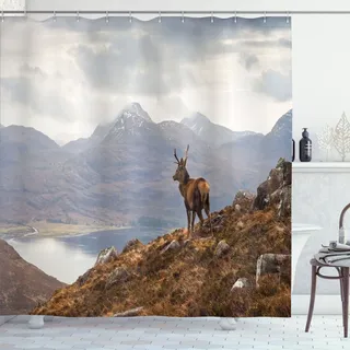 ABAKUHAUS Hirsch Duschvorhang, Wild Stag Mit Aussicht Auf Loch Torridon Dramatische Western Ross Mountain Nature Aussicht, Stoffliches Gewebe Badezimmerdekorationsset mit Haken, 175x220 cm, Braun weiß - Weiß