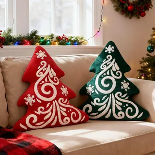 Lanpn 2 Stück Weihnachtsbaum Kissen Weihnachtskissen, Schneeflocke Weihnachts Kissen Dekokissen Flauschiges Zierkissen für Party Bett Sofa Couch Weihnachtsdeko (Grün & Rot, 40x46cm)
