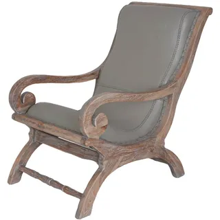 Sessel Kolonialstil Ledersessel Stuhl echtes Leder Holzsessel Teak Armlehnsessel