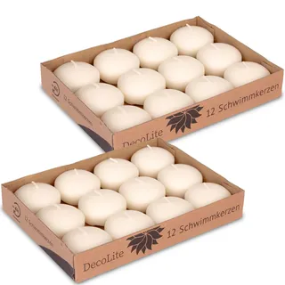 24x DecoLite Schwimmkerzen 30x45 mm Weiß & Elfenbein | Schwimmfähig | RAL-zertifiziert | Rußfrei & tropffrei | Deko für Hochzeit, Sommerfest, Wellness, Tischdeko | Praktisch (creme)