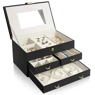 ADEL DREAM Schmuckkästchen, 3-stöckiges Schmuckkästchen mit rotgoldener Schnalle, Schmuckaufbewahrung aus PU-Leder, weicher Samt, Geschenk für Ihre Lieben und Freunde(Nero-11-1)