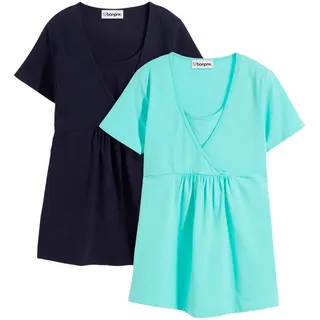 Stillshirt BONPRIX "2-in-1 Umstands- und Stillshirts (2er Pack?)", Damen, Gr. 52/54 (XXL), blau (dunkelblau, mentholblau), Obermaterial: 95% Baumwolle, 5% Elasthan, figurumspielend, Shirts Stillshirt, figurumspielende Passform, mit Wickelschnitt