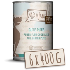 MjAMjAM - Premium Nassfutter für Hunde - purer Fleischgenuss - gute Pute pur 400g, 6er Pack (6 x 400g), naturbelassen mit extra viel Fleisch