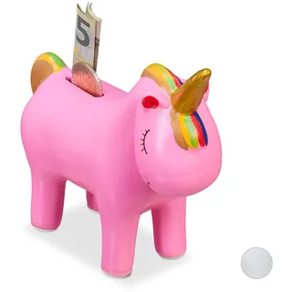 Relaxdays Spardose Einhorn, Keramik, träumendes Unicorn, Regenbogenschweif, Deko & Geschenk, Einhornsparbüchse, pink