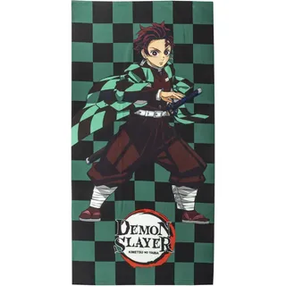 CERDÁ LIFE'S LITTLE MOMENTS Demon Slayer Kinderhandtuch, Schwarz und Grün, 70 x 140 cm, aus 100% Polyester, 240 g/m2, kleines Handtuch mit Tanjiro-Druck, Originalprodukt, entworfen in Spanien