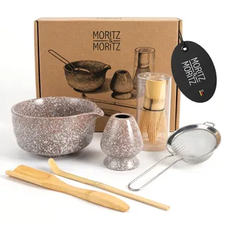 Moritz & Moritz Matcha Set 6-teilig mit Schale, Besen & Halter schwarz weiß | Aus Keramik, Bambus & Edelstahl, cremiger Matcha ohne Klümpchen, ideal als Geschenk, Schale Ø 14 cm, Besen trocknend