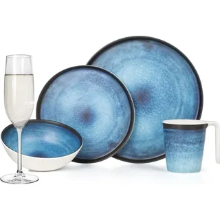 Melamin Camping Geschirr Set 4 Personen Deep Ocean + 4 Tiamo Champgner Gläser Flûtes Tafelgeschirr Picknick BBQ Kochgeschirr - Blau