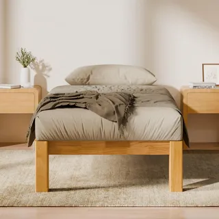 FLEXISPOT Massivholzbett 90x200cm aus Gummibaumholz, Bettgestell mit Lattenrost, Japandi-Bett, Futonbett, bis 700KG, werkzeugfreie Rundzapfen, Hako G2 - Naturbelassen