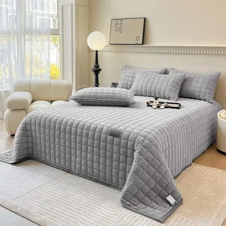Extra Große Bettdecke Bettwurf: Milch Samt Quilt Style Vielseitige Decke 3-Teilige Tagesdecke 230 X 250 Cm mit 2 Kissenbezügen 50 X 70 Cm Pflegeleicht, für Schlafzimmer Oder Wohnzimmer (Hellgrau)