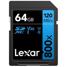 Lexar High-Performance 800x SD Karte 64GB, Speicherkarte SDXC UHS-I BLUE Series, Class 10, U3, V30, Bis zu 120 MB/s Lesen, für Point-and-Shoot-Kameras, DSLR-Kameras, HD-Camcorder (LSD0800064G-BNNAG)