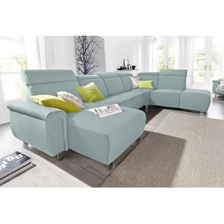Wohnlandschaft SIT & MORE "Township U-Form", blau (aqua), B:345cm H:102cm T:247cm, NaturLEDER (echtes Rindsleder) in Sitz und Rücken. Korpus in passendem Kunstleder SOFTLUX bezogen;Luxus-Microfaser ALTARA NUBUCK (100% Polyester);Kunstleder SOFTLUX, Sofas, Wohnlandschaft, wahlweise mit elektrischer Wallfree-Funktion