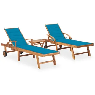 Sonnenliegen 2 Stk. mit Tisch und Auflagen Massivholz Teak , Gartenliegen Design 2024 - Blau