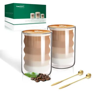 twoant Latte Macchiato Gläser Set (2 x 400ml) Doppelwandige Gläser Doppelwandige Kaffeegläser Teegläser Cappuccino Eiskaffee Thermogläser Doppelwandig Espressotassen Glas mit 2 Löffeln