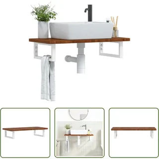 The Living Store Waschtischplatte mit Halterung Stahl und Massivholz Eiche - Braun