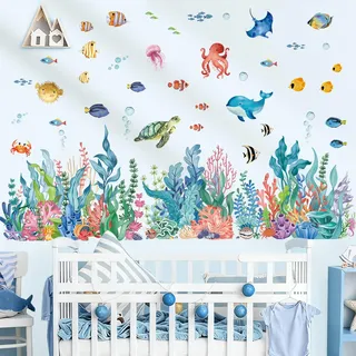 wondever Wandtattoo Unter dem Meer Seetang Wandaufkleber Fische Korallen Bordüre Wandsticker Wanddeko für Wohnzimmer Ecke Einer Schlafzimmer Badezimmer Sofa Hintergrund