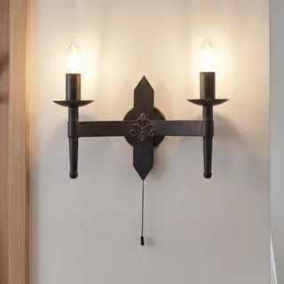 Landhaus Wandleuchte Schwarz Eisen 2-flammig B:33 cm E14 Wandlampe Schlafzimmer