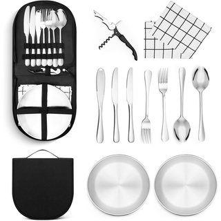 ANZOME Camping Besteckset 2 Personen, 12pcsCamping Cutlery Set mit Gabeln Löffel Messer Flaschenöffner Teller Buttermesser und Servietten für Outdoor Kochgeschirr Reisen Wandern Camping