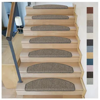 Metzker Stufenmatten Treppenteppich Göteborg 15 Stück Grau/Braun | Sisal-Optik in aktuellen Farben incl. Klebeband | Trittfläche Halbrund 65x24cm