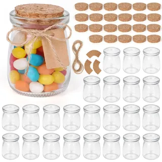 Winter Shore Gläser 100ml mit Korkdeckel [24er-Pack] - Lebensmittelechtes Glas mit Korkdeckel, Schnur & Anhängern für Süßigkeiten, Joghurt, Honig, Kerzen - Kleine Gläser mit Deckel für Gastgeschenke