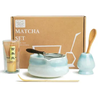 Matcha Set 6-teilig Blau Keramik-Schale Bambus-Chasen Sieb Löffel Zubehör - Blau