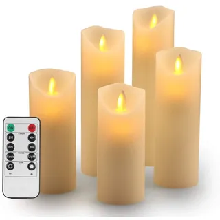 LED Flammenlose Kerzen echtwachs led kerze : Set von5 Batteriebetriebene Kerzen D2.2xH 5.5" 6"6.5" 7"8" Echtwachssäule Kerzen Flackern mit Fernbedienung und Timer-Steuerung Elfenbein Farbe(5x1)