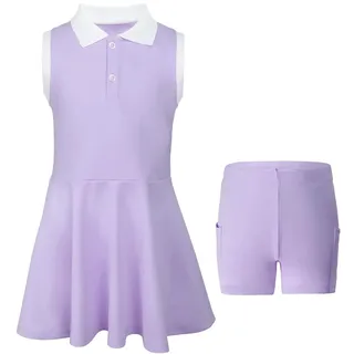 SPFASZEIV Tenniskleid Mädchen Tenniskleidung Kinder ärmellos Golf Polo Kleid Tennis Outfit mit Separaten Hose Taschen 5–6 Jahre Violett