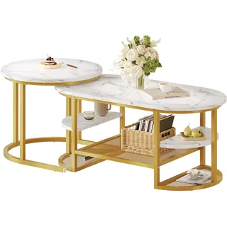 Feonase Couchtisch, Wohnzimmertisch 2er Set, Beistelltisch mit Metallrahmen, Satztisch für Wohnzimmer Schlafzimmer,Weiß