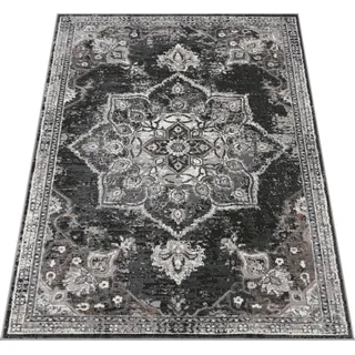 Teppich Wohnzimmer Kurzflor Vintage Orientalisches Florales Muster Mandala Bordüre Grösse 80x150 cm - Schwarz