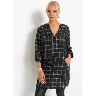 Longbluse BONPRIX, Damen, Gr. 50, schwarz (schwarz, weiß kariert), Obermaterial: 100% Polyester, gerade, Blusen Longbluse, gerade Passform, mit Umlegekragen, mit tiefem V-Ausschnitt