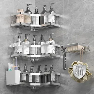 Duschablage Ohne Bohren, 5 Pcs Silber (SML+2) Duschregal, 201 Edelstahl Badregal mit Kleber, Shampoo Halterung für Dusche, Rostbeständiger Duschkorb, Dusche Halterung Zubehör, Badezimmer Regal