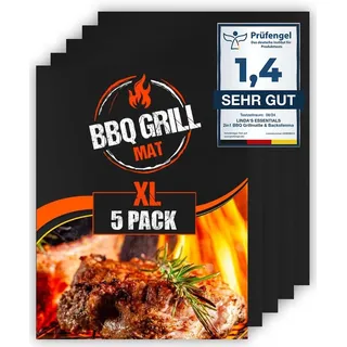 Große BBQ Grillmatte von Linda's Essentials (5er Pack) 40x32cm - Wiederverwendbare, hitzebeständige Grillmatten für Holzkohle, Elektro und Gasgrill, Teflon Grillmatte, Grillfolie, Grill Zubehör