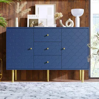 Flieks Kommode Fischschuppenmuster Sideboard mit 3 Schubladen und 2 Türen Verstellbare Ablage 120*40*82cm Marineblau - Blau