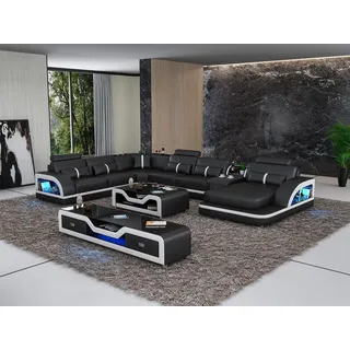Eckgarnitur Ledersofa Design Ecksofa Luxus Wohnlandschaft led sofa couch Polster - Schwarz