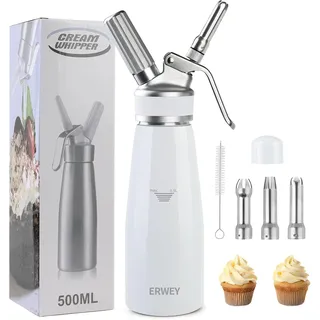 ERWEY Sahnespender 500ML, Sahnesyphon Aluminium, Sahnesprüher Auslaufsicherer Einfach Reinigen mit 3 Tüllen und 1 Reinigungsbürsten, Schlagsahne Spender für Küche Party Desserts (Weiß)