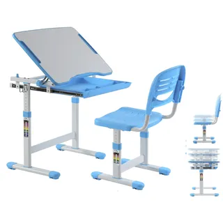 Kinderschreibtisch mit Schreibtischstuhl ergonomisch höhenverstellbar - Zeichentisch - Schulbank - Weiß
