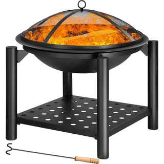 GARDEBRUK Feuersschale mit Funkenschutz Abdeckung Schürhaken Rund 55cm Holz Ablage Stahl Schwarz Feuerstelle Feuerkorb Garten Terrasse Kamin Grill
